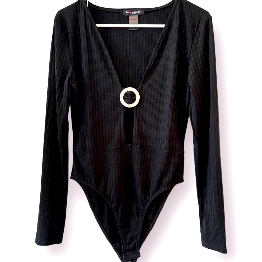 Love Cameron Black Long Sleeve Deep V-Neck Embellished Bodysuit Snap Chic comfy